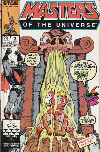 Comic book cover of 'Masters of the Universe' featuring a character being slimed.