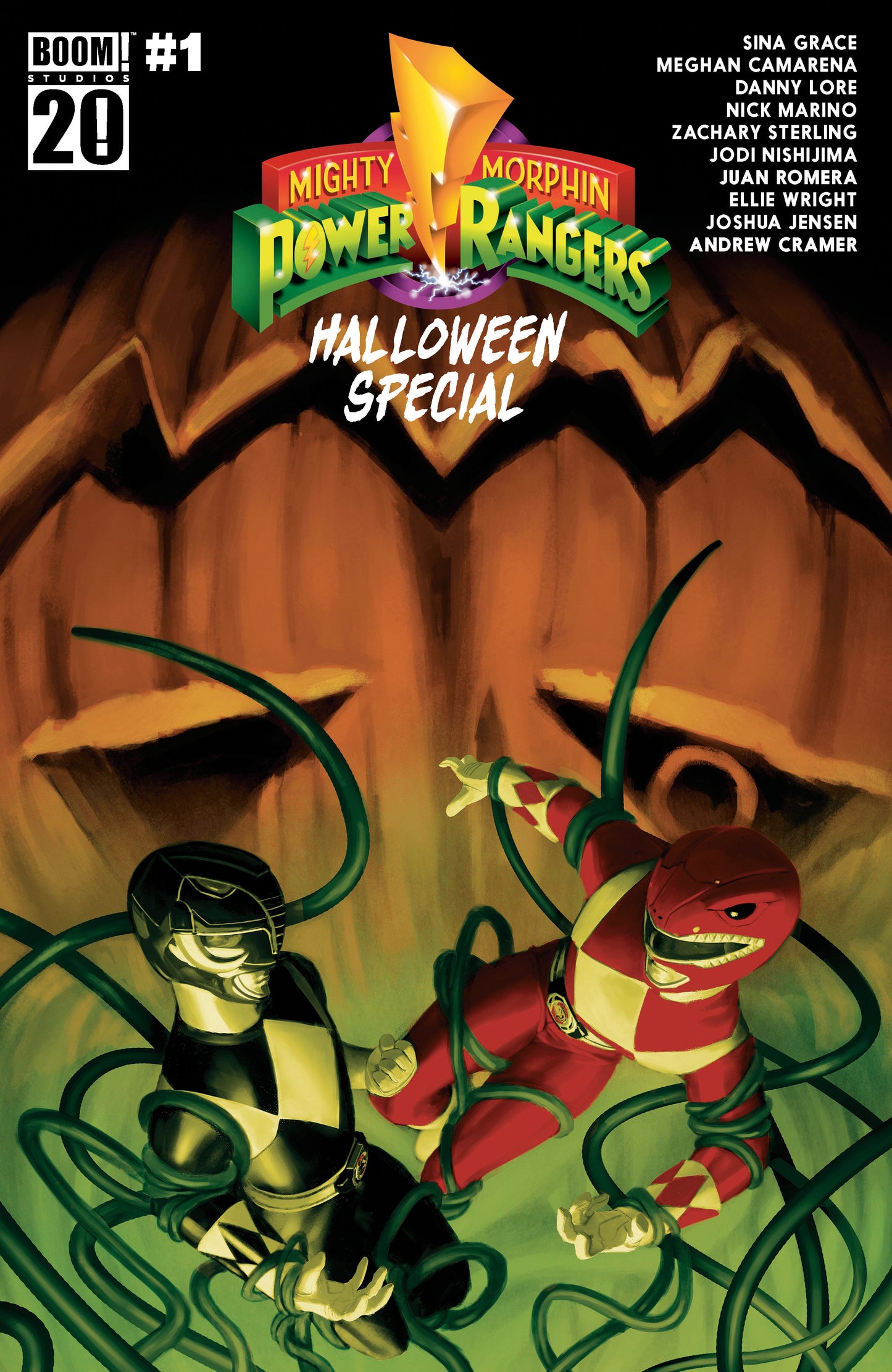 Comic book cover of 'Mighty Morphin Power Rangers Halloween Special' with characters in front of a pumpkin.