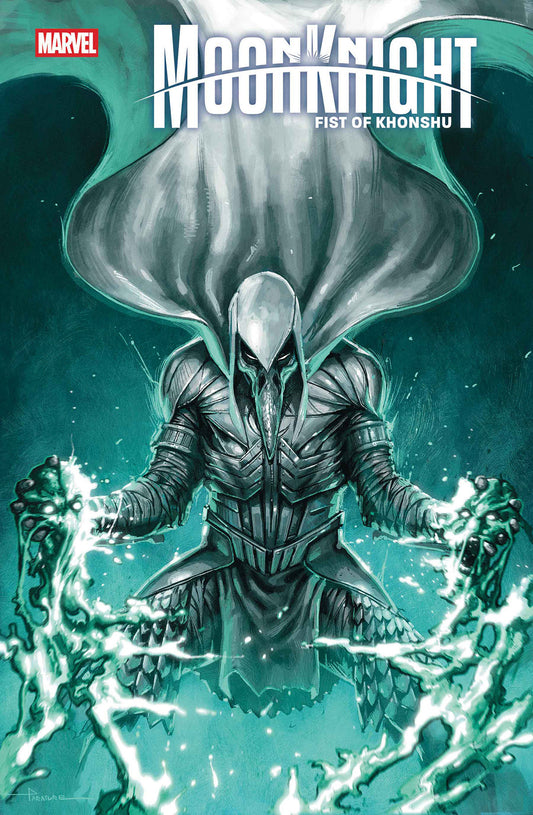 Comic book cover featuring a character from Marvel's 'Moon Knight: Fist of Khonshu' with a teal and gray color scheme.