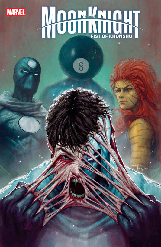Comic book cover featuring characters from 'Moon Knight: Fist of Khonshu' with a mystical design.