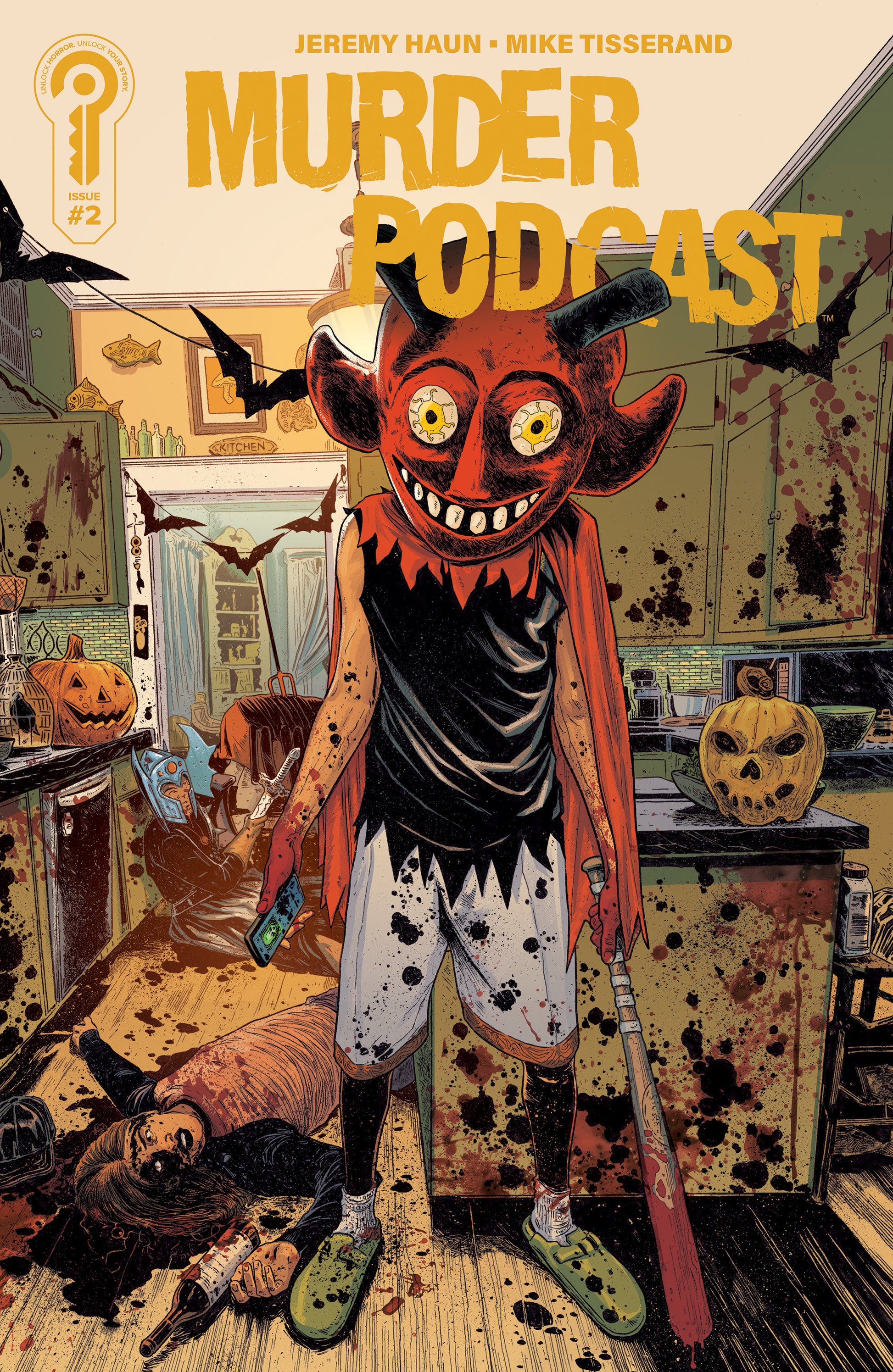 Comic book cover of 'Murder Podcast' with a character in a devil mask in a messy room.