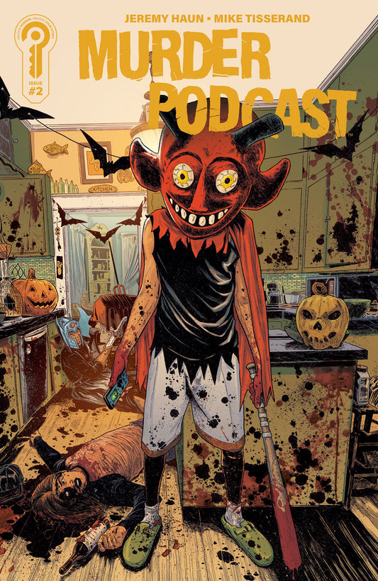 Comic book cover of 'Murder Podcast' with a character in a devil mask in a messy room.