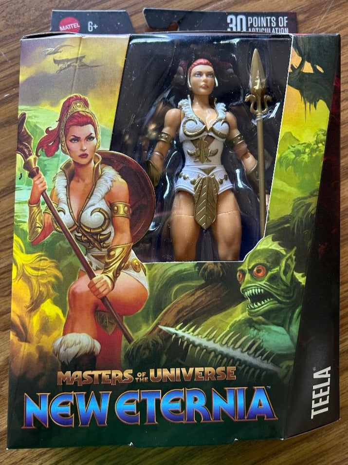 Masters of the Universe New Eternia Teela action figure in packaging on a wooden surface