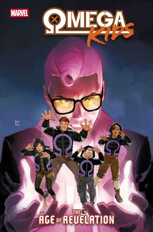 Comic book cover of Omega Kids with a large pink character and four children in superhero costumes.