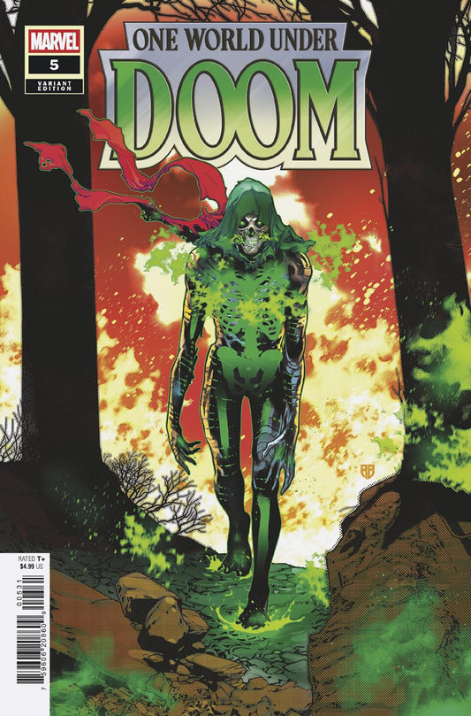 Comic book cover featuring a character in a green suit with a fiery background, titled 'One World Under Doom'.