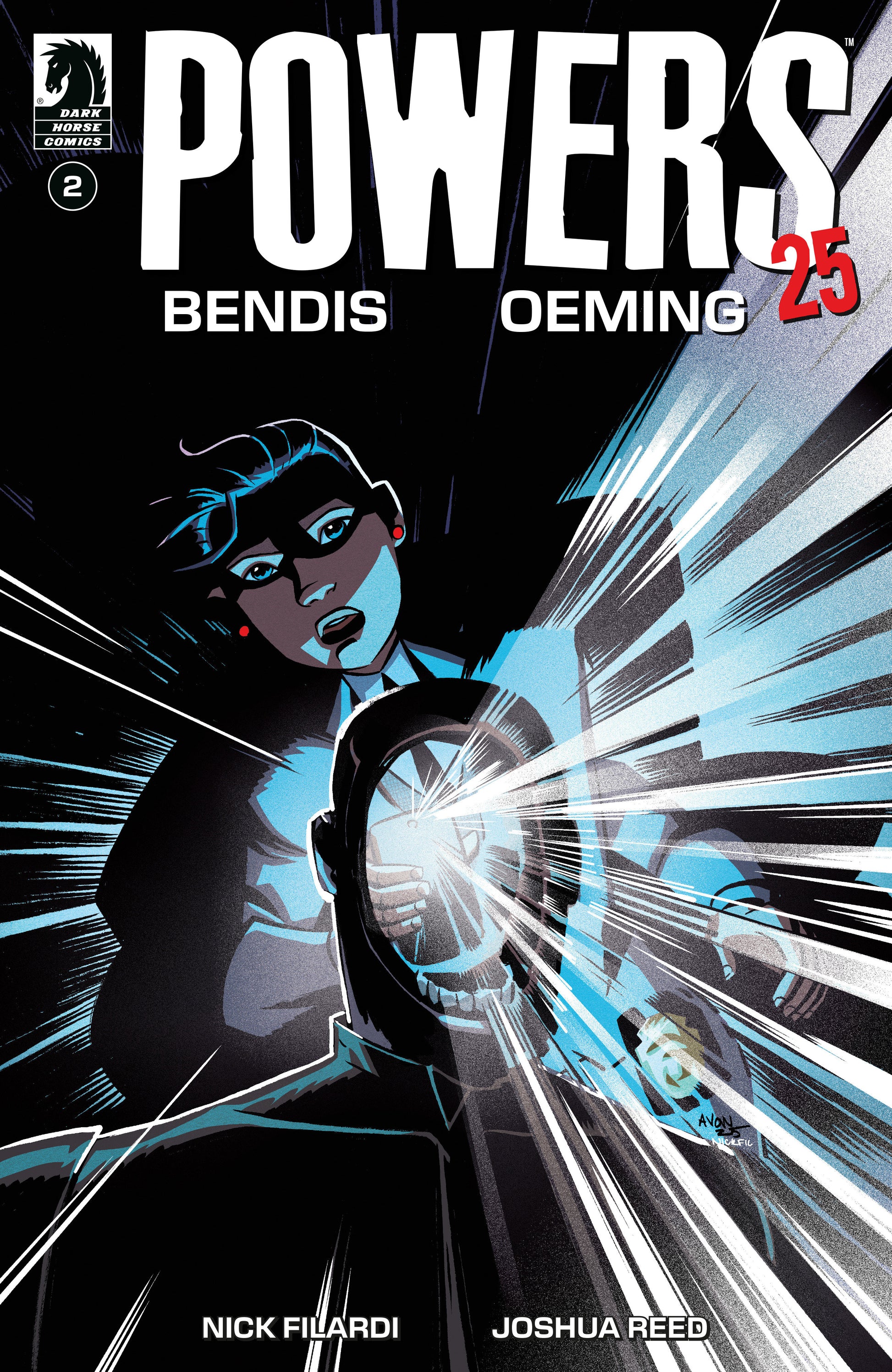 Comic book cover of 'Powers' with character holding a device emitting light, featuring Nick Filardi and Joshua Reed.