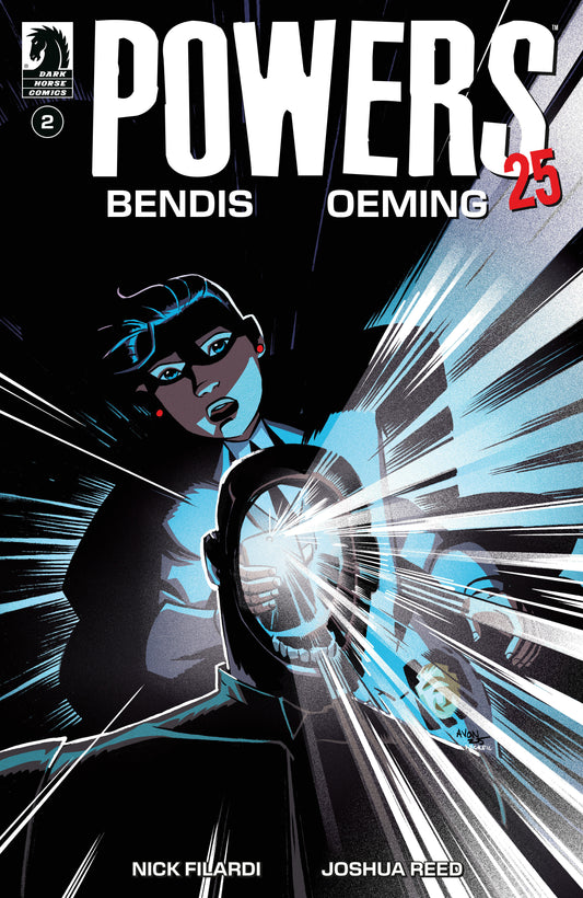 Comic book cover of 'Powers' with character holding a device emitting light, featuring Nick Filardi and Joshua Reed.
