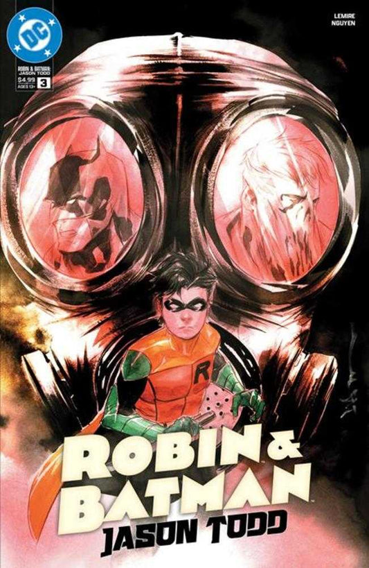 Comic book cover featuring Robin and Batman with a metallic helmet design.