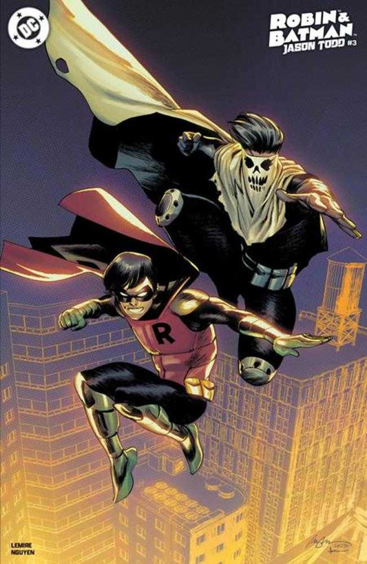 Comic book cover featuring two superhero characters flying over a cityscape.