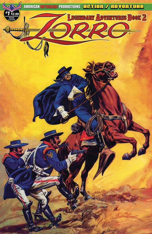 Comic book cover featuring Zorro on horseback with two men in pursuit, set against a yellow background.
