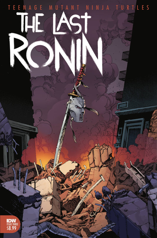 Comic book cover of 'The Last Ronin' featuring a destroyed urban landscape with a character on a pole.
