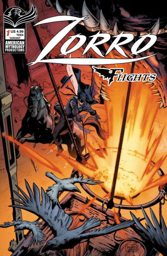 Comic book cover featuring Zorro with dramatic lighting and action elements.