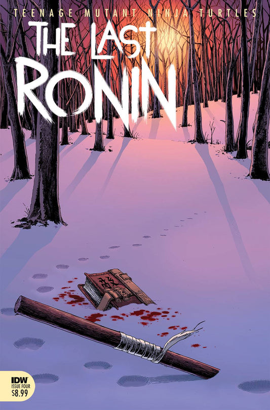 Comic book cover of 'The Last Ronin' with a snowy forest scene and book on a stick.