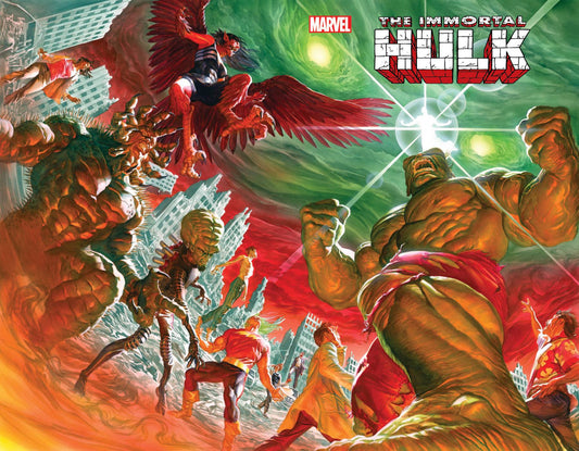 Comic book cover of 'The Immortal Hulk' featuring the Hulk in a battle scene with various characters and a cityscape.