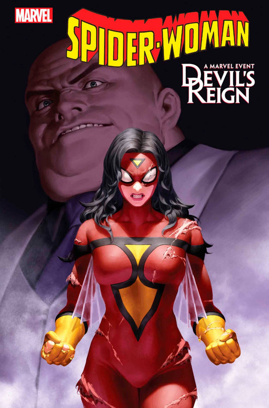 Comic book cover featuring Spider-Woman from Marvel with a dark background