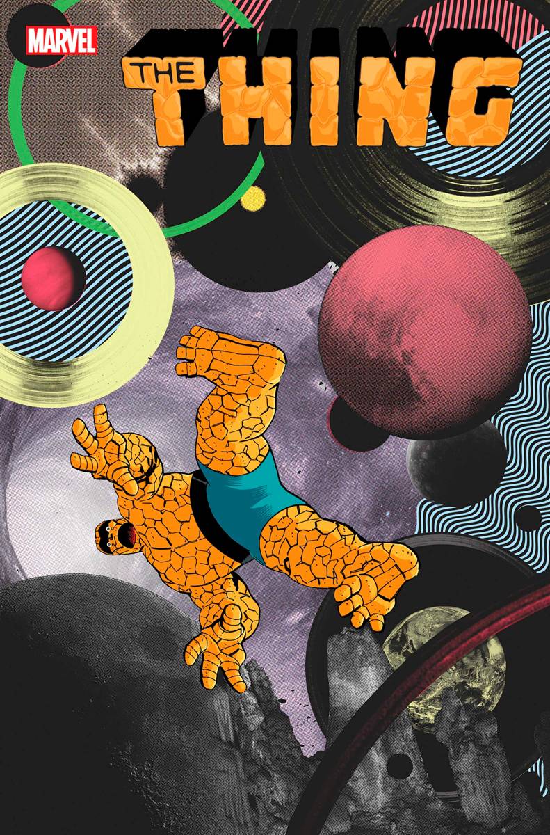 Comic book cover of 'The Thing' with abstract design elements and Marvel logo.