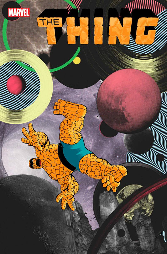 Comic book cover of 'The Thing' with abstract design elements and Marvel logo.