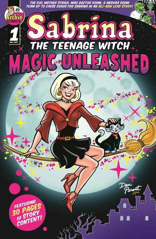 Comic book cover of Sabrina the Teenage Witch with a witch character on a broomstick.