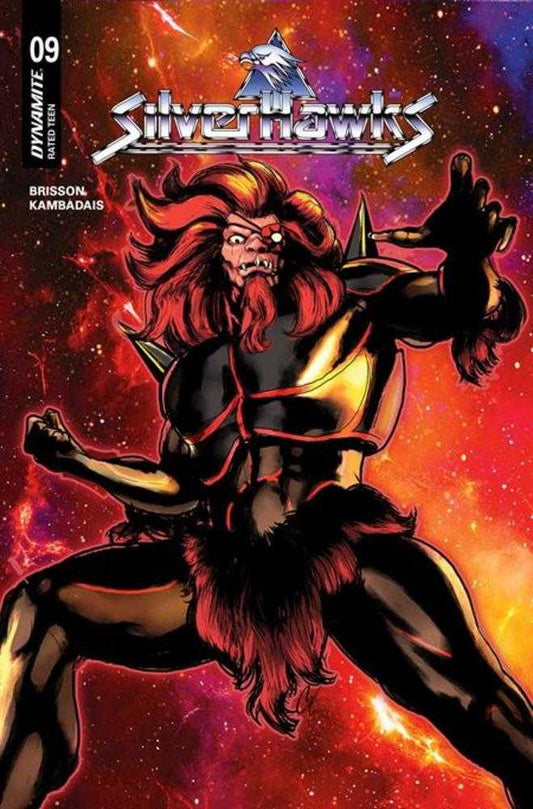Comic book cover featuring a superhero with red hair and fur against a space-themed background.