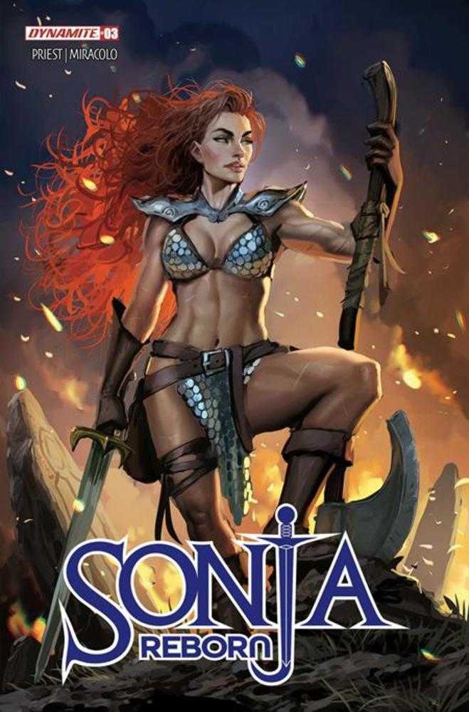 Comic book cover featuring a warrior woman with red hair and armor, holding weapons, with 'Sonja Reborn' branding.