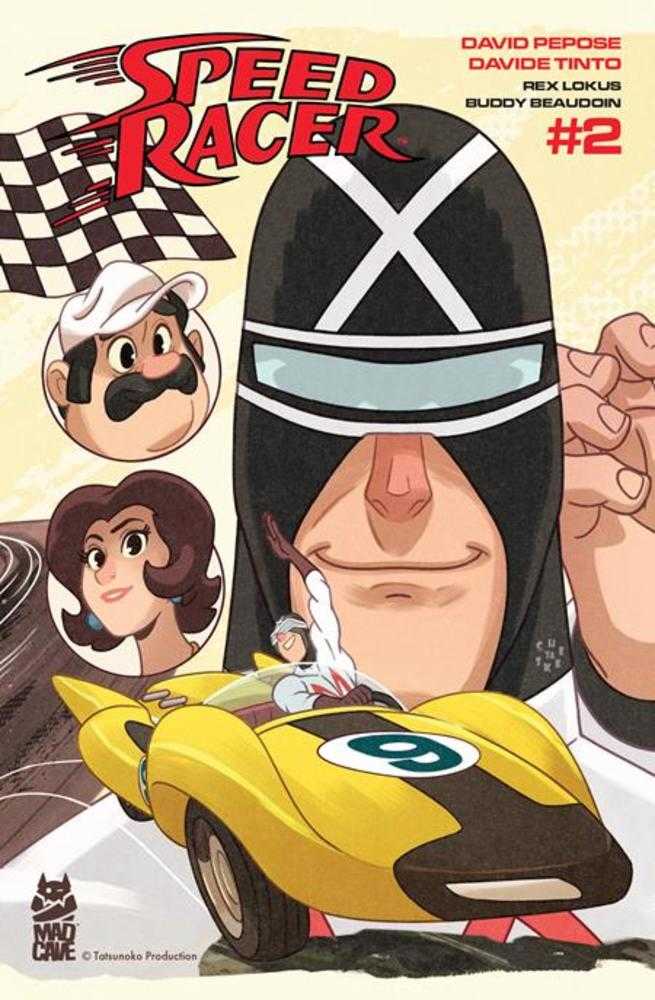 Comic book cover featuring Speed Racer and his characters with a yellow race car.