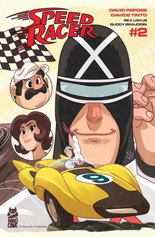 Comic book cover featuring Speed Racer and his characters with a yellow race car.