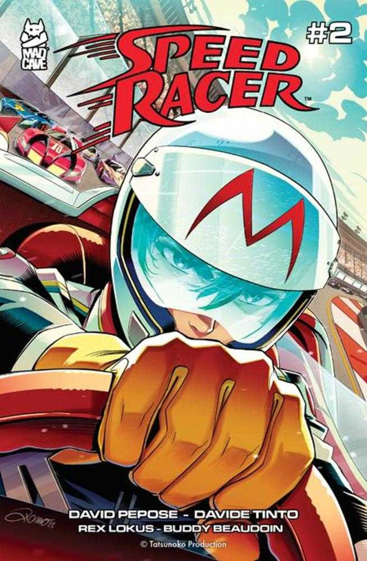 Comic book cover of 'Speed Racer' with a character in a racing helmet and car.