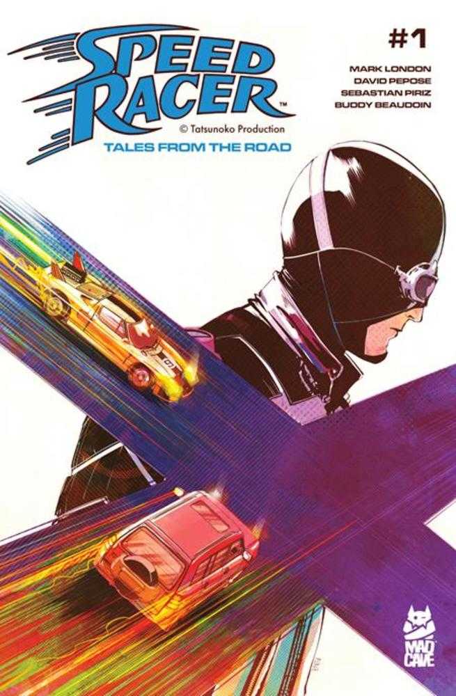 Comic book cover of 'Speed Racer' with a character in a helmet and racing cars.