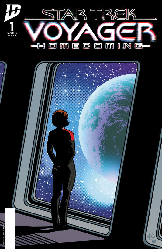 Comic book cover of 'Star Trek Voyager Homecoming' with a silhouette of a person looking out a window at a planet.