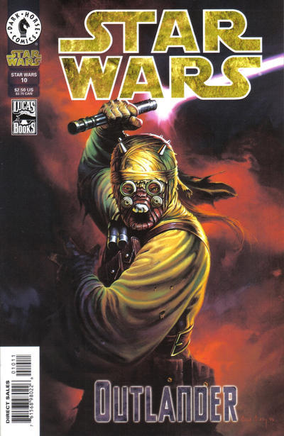 Comic book cover featuring a character from 'Star Wars' with a lightsaber, set against a dark background.