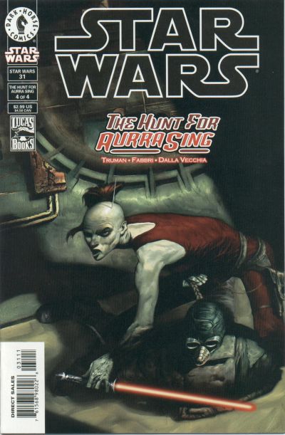 Comic book cover of 'Star Wars: The Hunt for Aurra Sing' with characters and lightsaber.