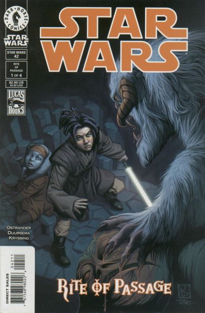 Comic book cover of 'Star Wars: Rite of Passage' featuring a character with a lightsaber and a creature.