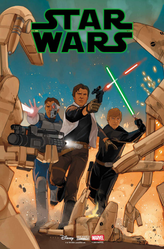 Comic book cover featuring characters from 'Star Wars' with a spaceship in the background.