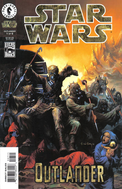 Comic book cover of 'Star Wars: Outlander' featuring droids and a character with a baby.