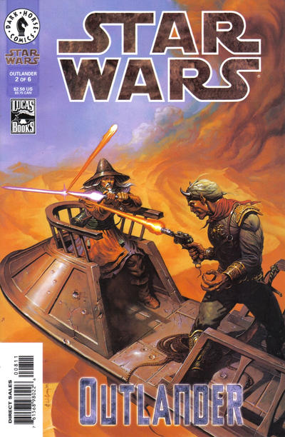 Comic book cover of 'Star Wars: Outlander' featuring two characters with lightsabers on a fiery background.