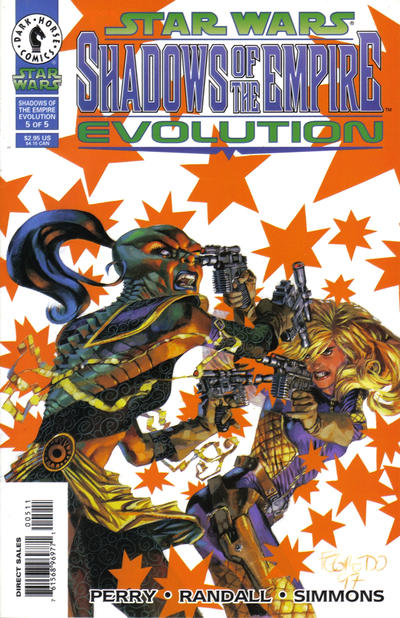 Comic book cover of 'Star Wars: Shadows of the Empire Evolution' with two characters on an orange starry background.