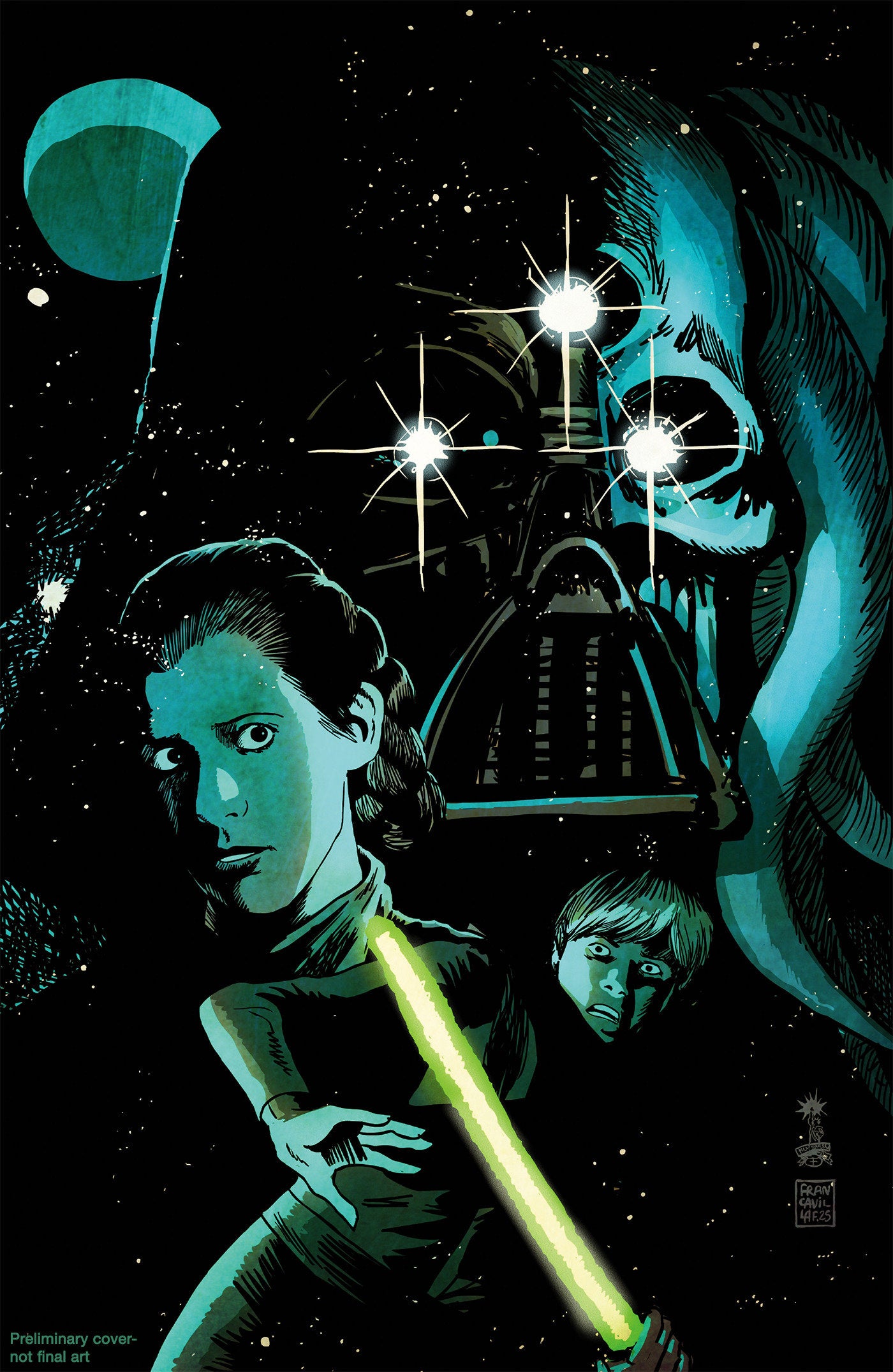 Illustration of a character holding a lightsaber with a spaceship and moon in the background