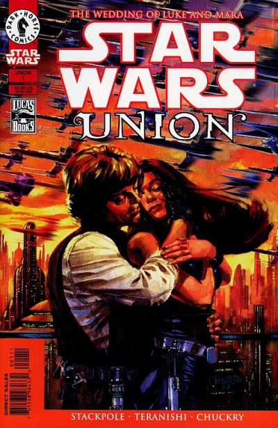 Comic book cover of 'Star Wars Union' featuring a couple embracing with a cityscape background.