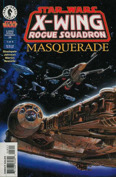 Comic book cover of 'Star Wars: X-Wing Rogue Squadron Masquerade' with X-wing fighters in space.