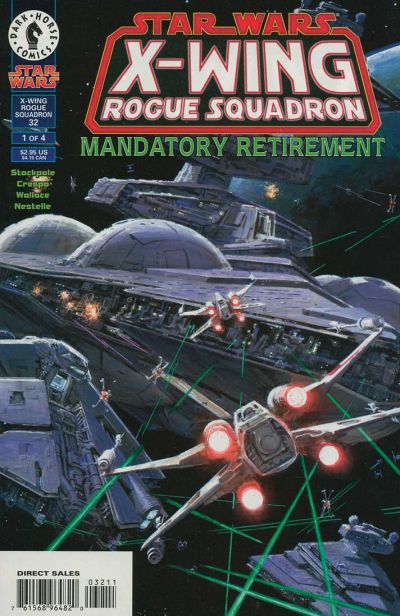 Comic book cover of 'Star Wars: X-Wing Rogue Squadron - Mandatory Retirement' with X-wing fighters and space station.