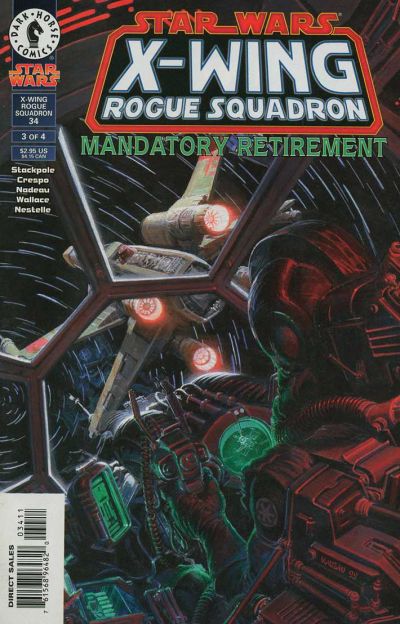 Comic book cover of 'Star Wars: X-Wing Rogue Squadron - Mandatory Retirement' with a spaceship and character on the cover.