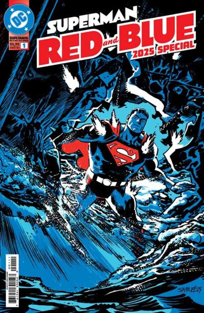 Comic book cover of Superman in a red and blue costume with 'Red and Blue' text.
