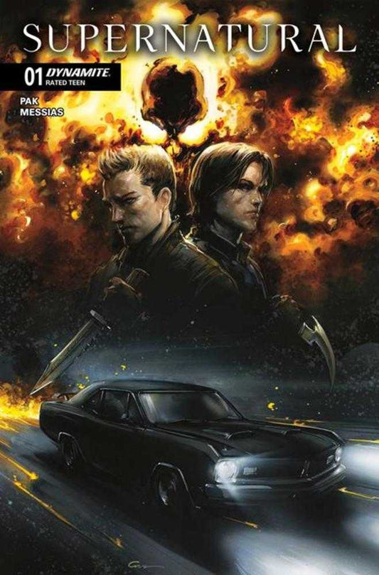 Supernatural comic book cover with two characters and a car in front of an explosion.