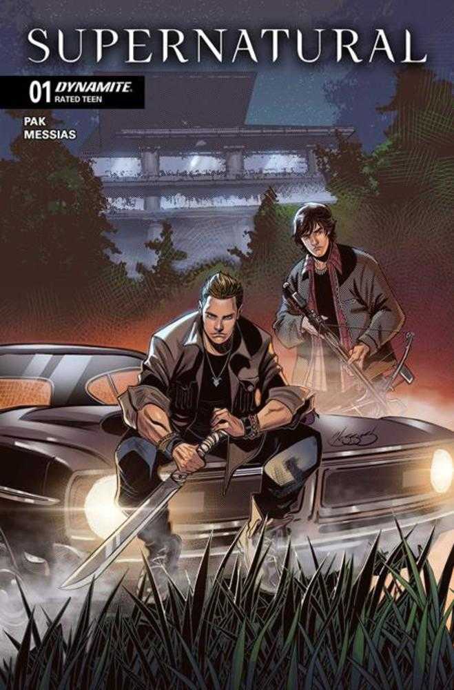 Comic book cover featuring two characters with a car and sword, titled 'Supernatural'.