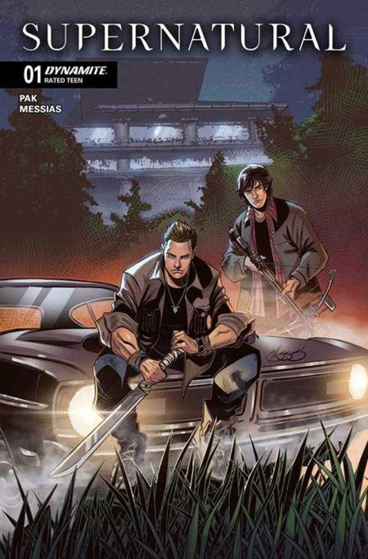 Comic book cover featuring two characters with a car and sword, titled 'Supernatural'.