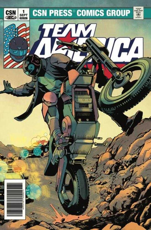 Comic book cover featuring a character on a motorcycle with 'Team America' text