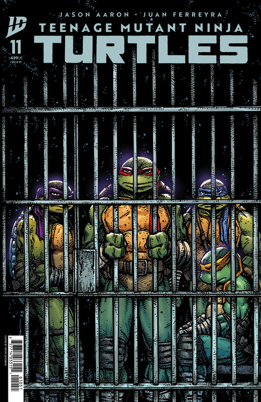 Comic book cover of Teenage Mutant Ninja Turtles with turtles in jail bars