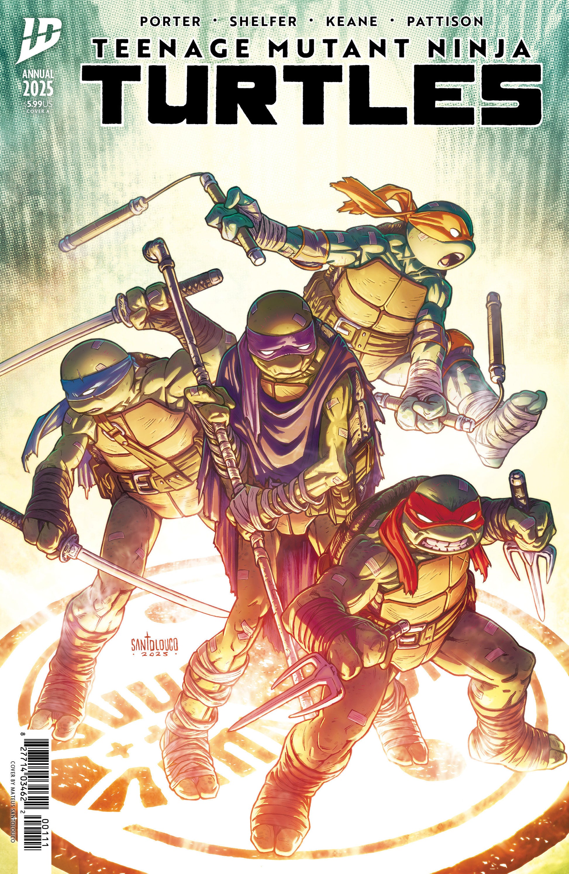 Comic book cover featuring Teenage Mutant Ninja Turtles with dynamic poses and action stances.