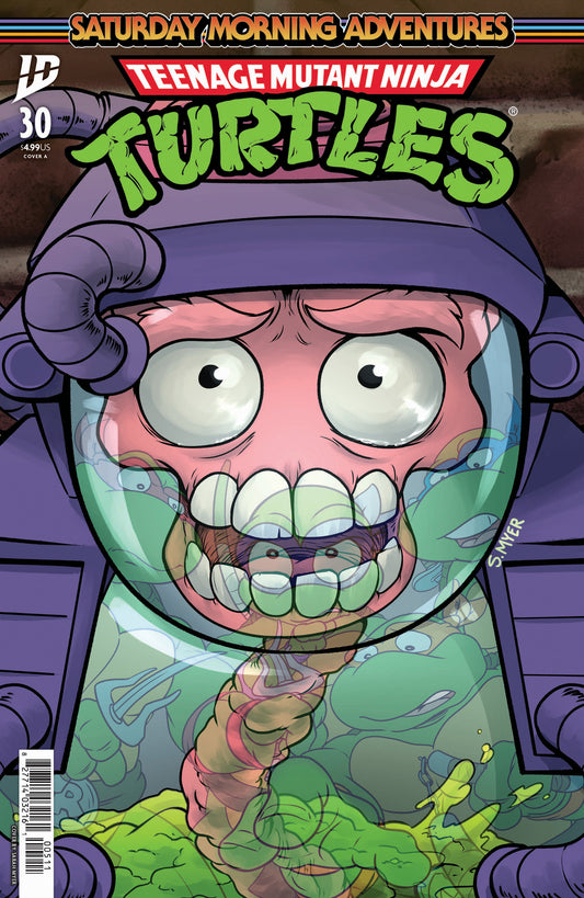 Comic book cover featuring Teenage Mutant Ninja Turtles with a character in a bubble.