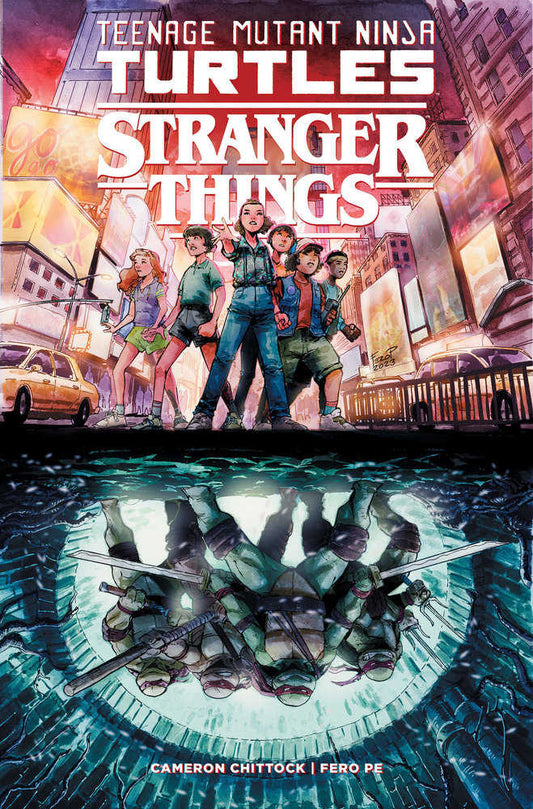 Comic book cover featuring Teenage Mutant Ninja Turtles and Stranger Things characters with a cityscape background.